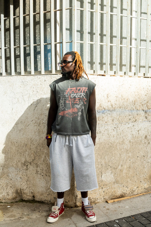Grey “Faith over fear” distressed grommet tank top