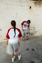 Grey stepout “Faith over fear” jorts