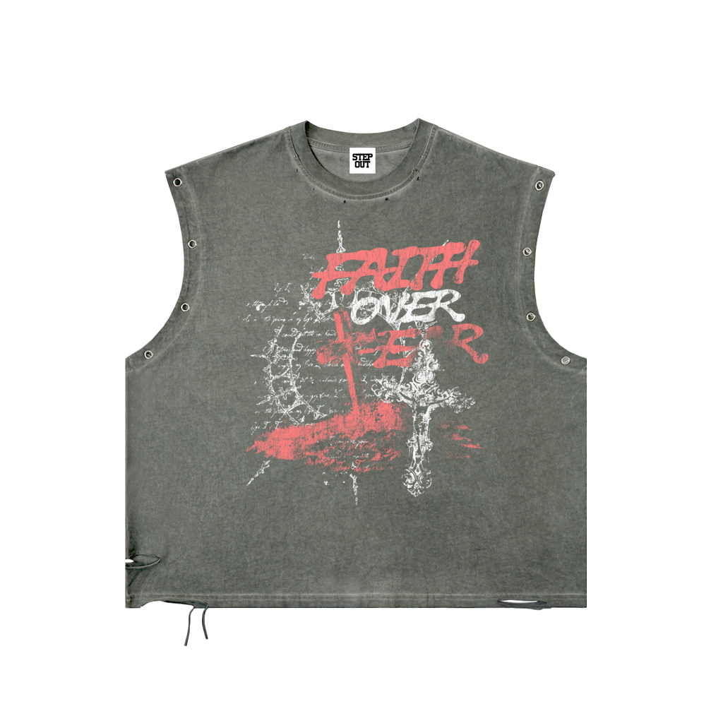 Grey “Faith over fear” distressed grommet tank top