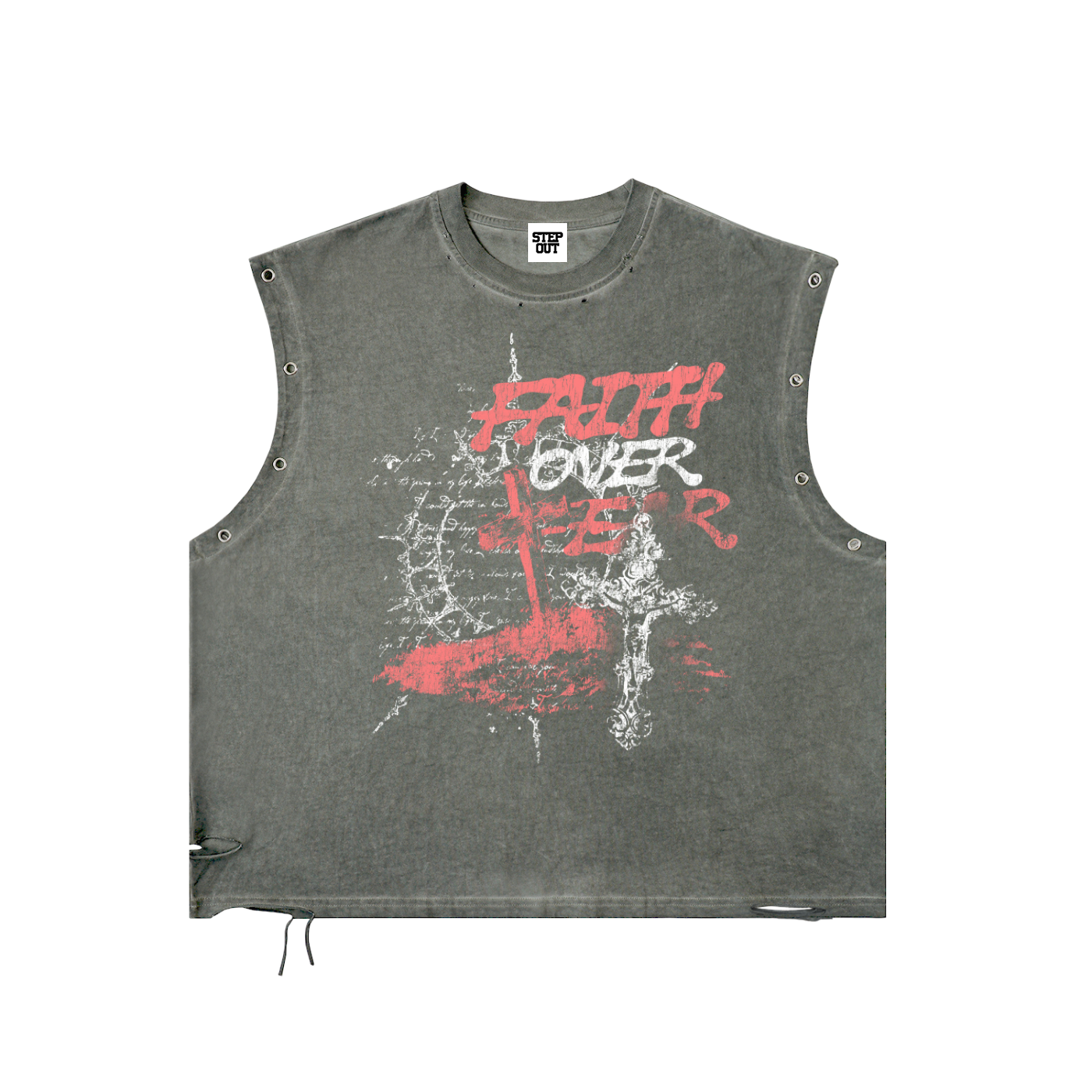 Grey “Faith over fear” distressed grommet tank top